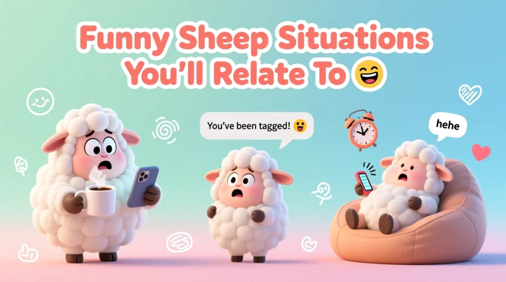 A cute cartoon sheep in funny, everyday relatable situations like holding coffee and reacting to notifications, illustrated in a playful pastel style.
