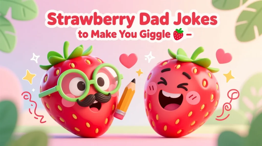 Two cute cartoon strawberries, one styled like a dad telling a joke to another giggling strawberry, surrounded by playful doodles in a bright fruity theme.