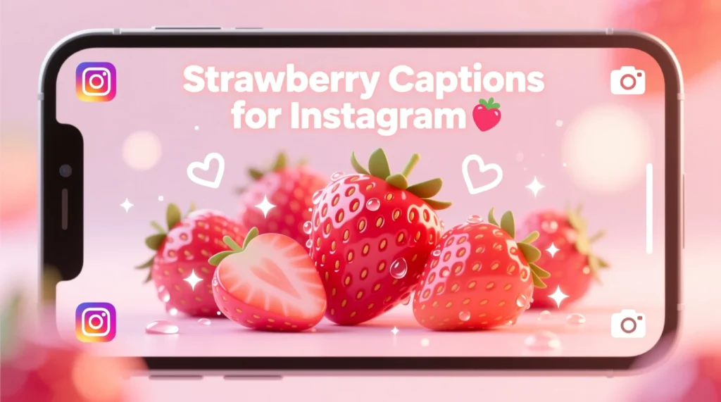 A stylish illustration of glossy strawberries with sparkles and heart doodles in a trendy, Instagram-inspired design.