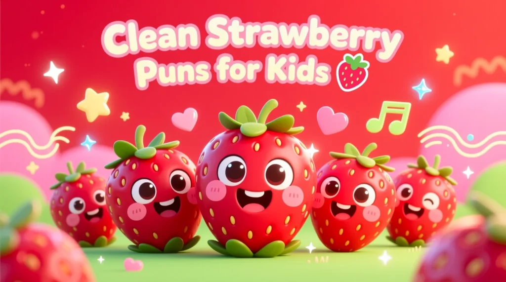 Cute cartoon strawberries with smiling faces surrounded by stars and hearts in a bright, kid-friendly illustration themed around clean strawberry puns.