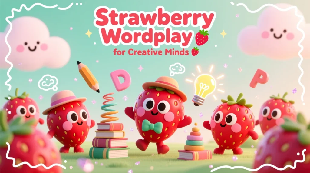 Cute cartoon strawberries surrounded by floating letters, lightbulbs, and creative doodles, illustrating fun strawberry wordplay for imaginative minds.