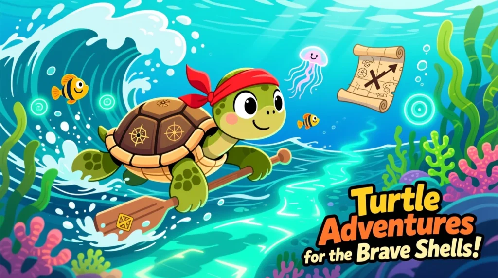 āāA brave cartoon turtle wearing an explorer bandana swimming through ocean waves with fish, plants, and a treasure-map theme.āā