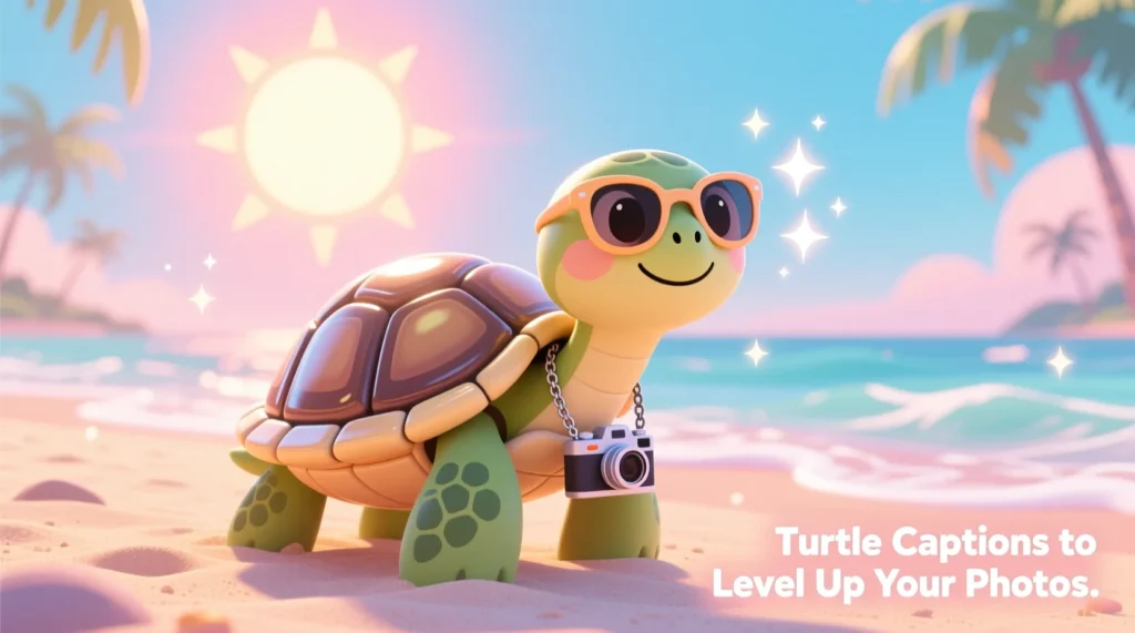 āA cute illustrated turtle wearing sunglasses and a mini camera, striking a fun pose on a sunny beach.ā