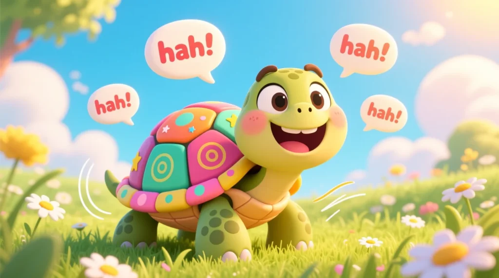 āCute cartoon turtle smiling and sharing jokes with playful speech bubbles in a bright, colorful setting.ā