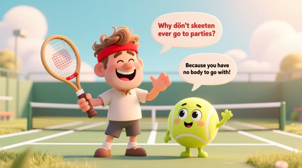“Smiling dad cartoon holding a tennis racket telling a joke to a giggling tennis ball on a bright court.”