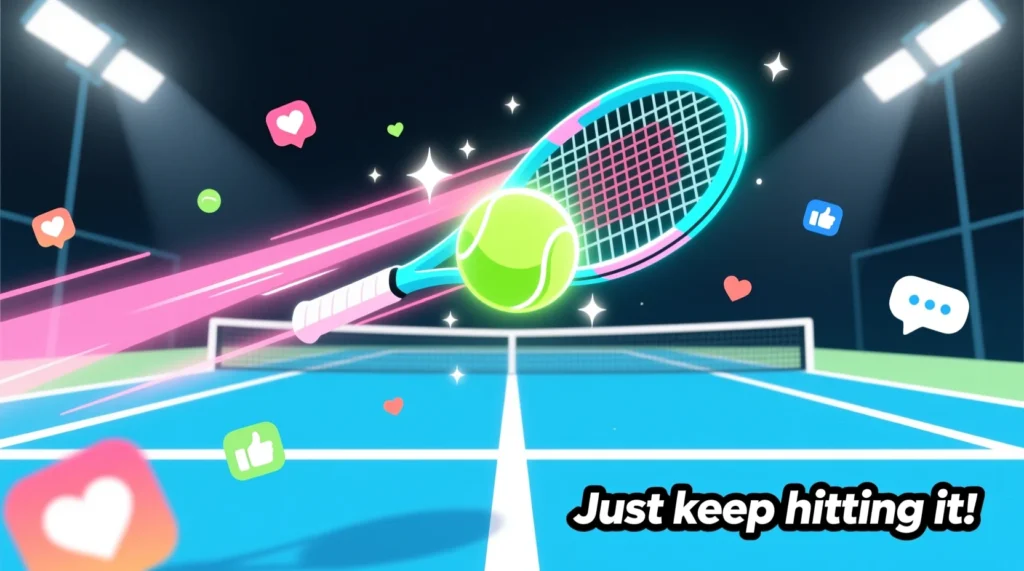 “Aesthetic tennis court illustration with a glowing tennis ball and social-media icons floating around.”