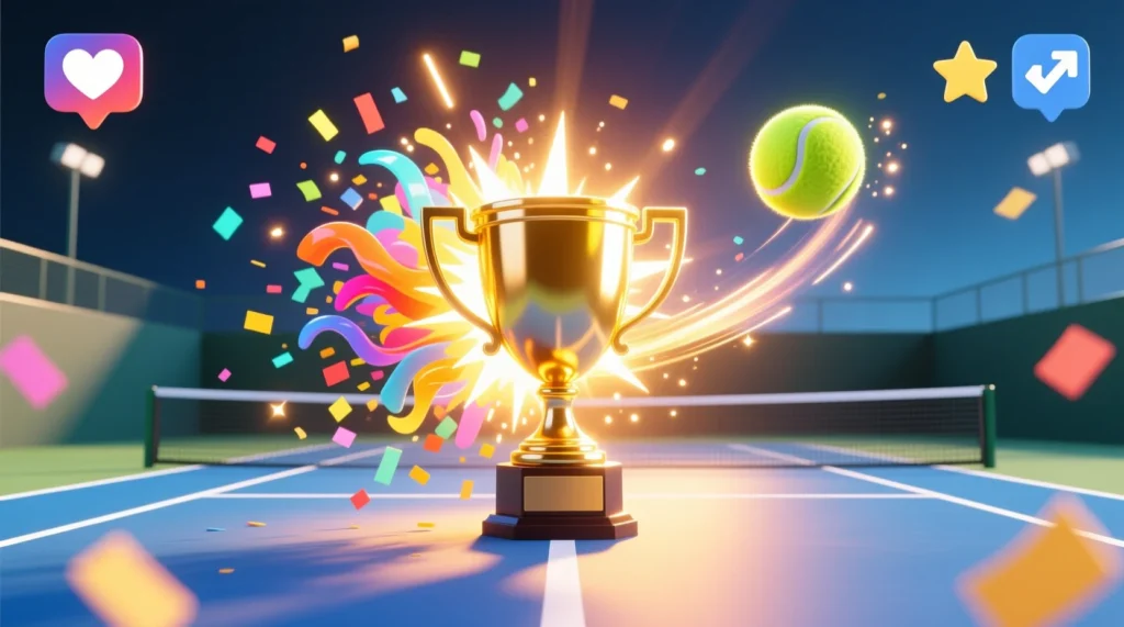 “Glowing tennis trophy on a vibrant court with confetti and a winning tennis ball in motion.”