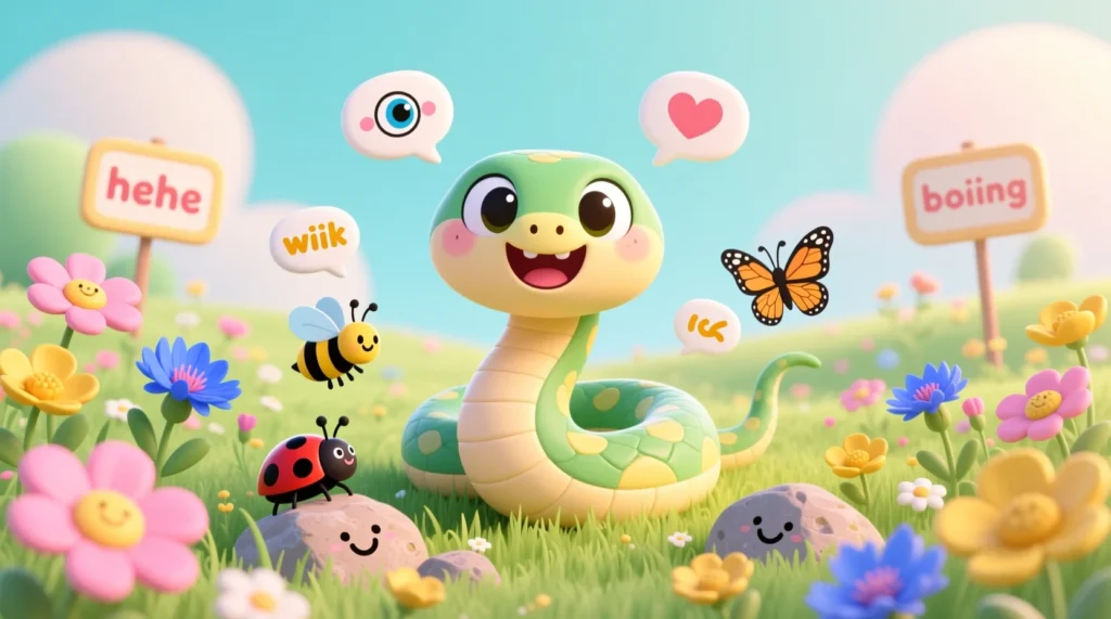Friendly cartoon snake smiling and coiling in a sunny meadow with flowers and happy insects, depicting a playful, clean joke scene.