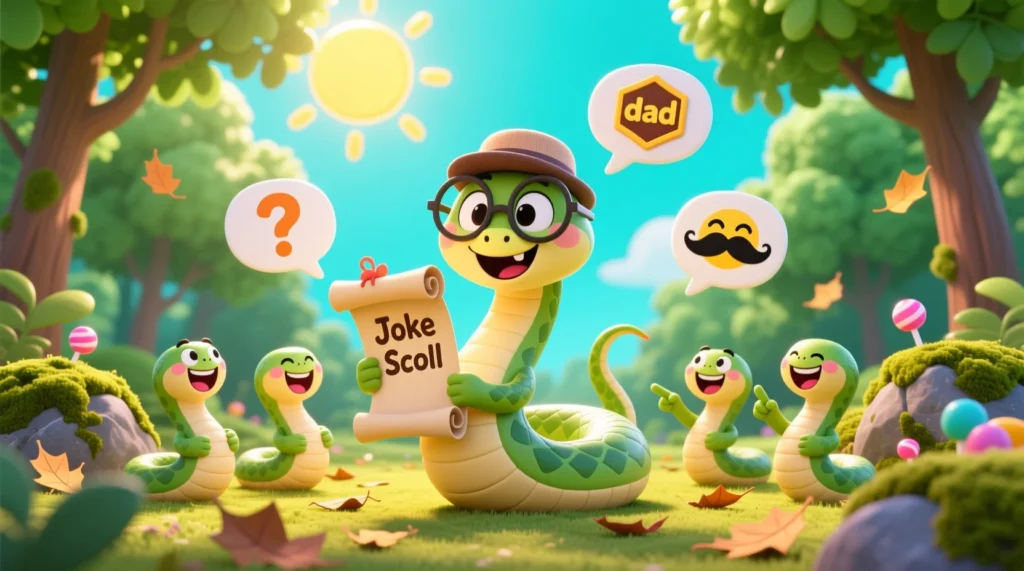 Cartoon snake wearing a dad hat, laughing and holding a joke scroll, surrounded by happy little snakes in a sunny outdoor scene.