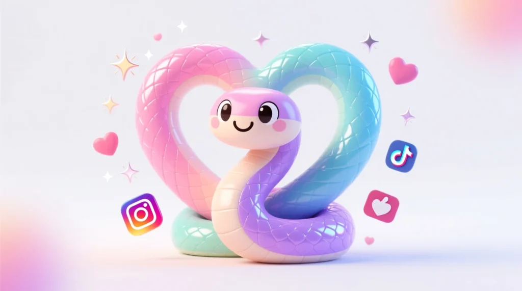 Cute cartoon snake coiled into a playful shape with hearts and sparkles, designed for Instagram-style visuals.