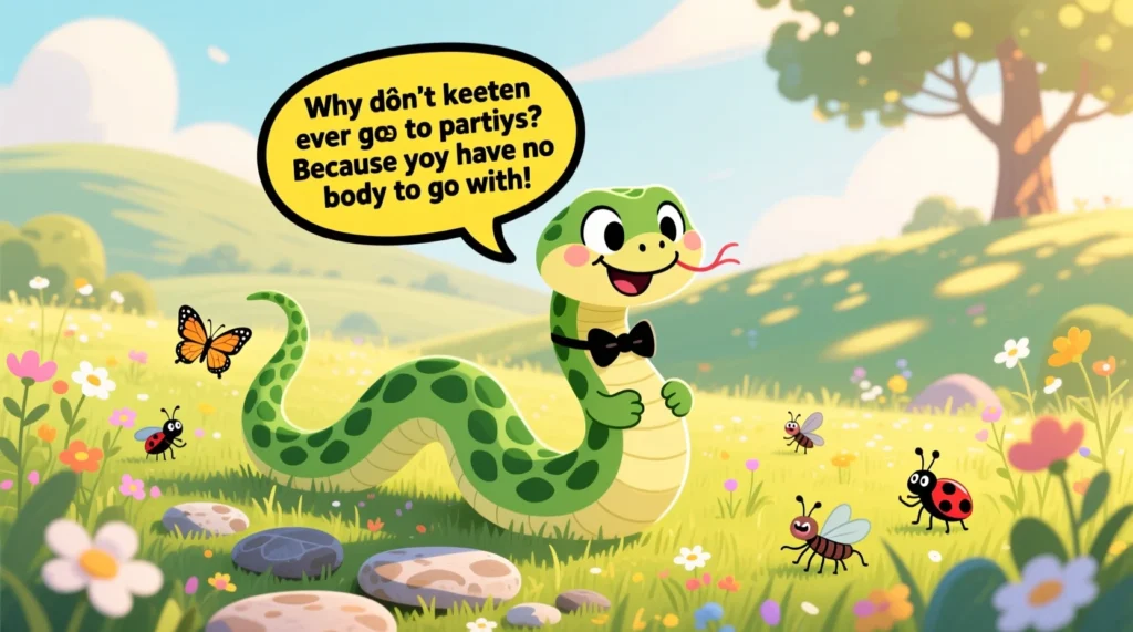Cartoon snake slithering through a sunny meadow, laughing and telling jokes with giggling insects around.