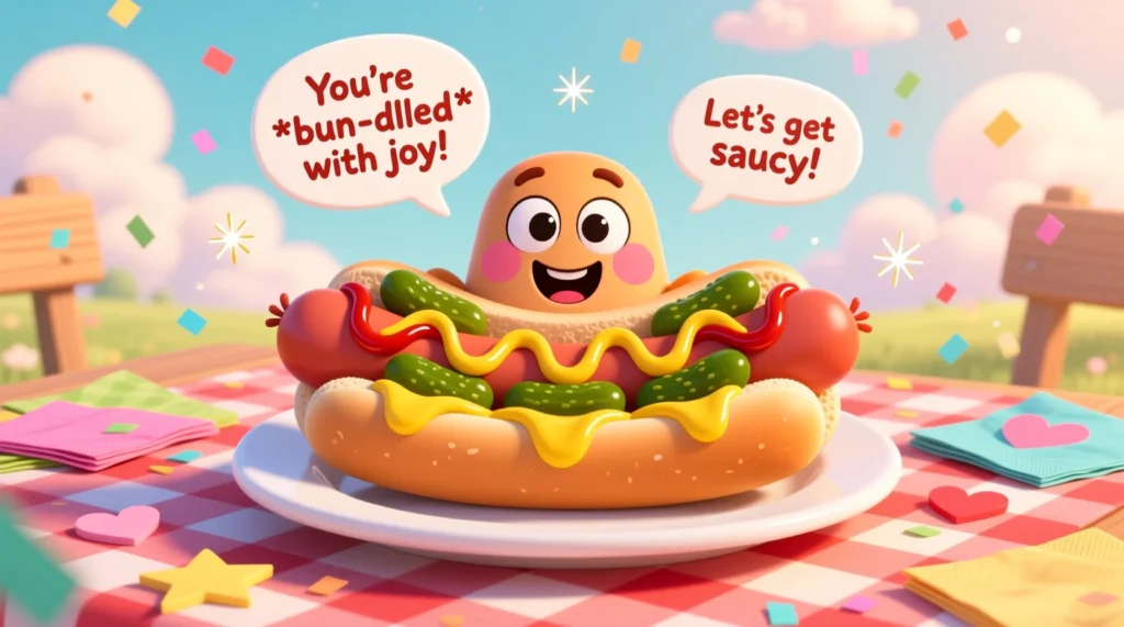 Smiling cartoon hot dog on a plate with playful toppings, speech bubbles with jokes, in a colorful picnic setting.