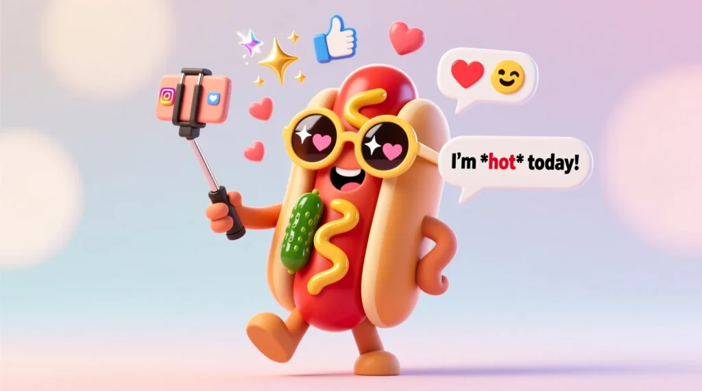 Cartoon hot dog smiling and posing with social media icons, sparkles, and pun-style speech bubbles in a colorful scene.