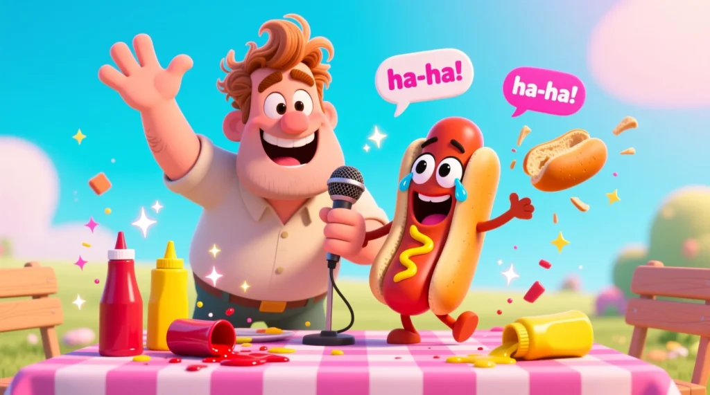 Cartoon dad holding a hot dog and telling a joke, with exaggerated expressions and cheerful picnic elements around.