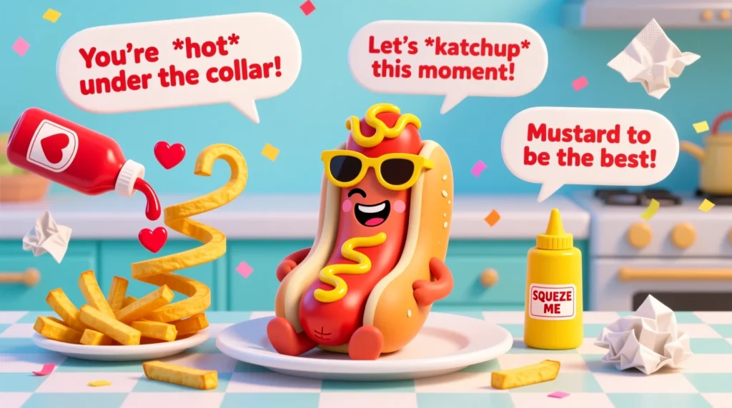 Cartoon hot dog on a plate with playful foodie elements, smiling and surrounded by pun-style speech bubbles.