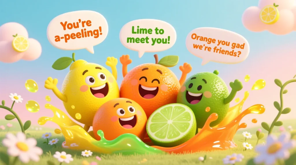 Cartoon lemons, oranges, and limes laughing together with juice splashes, flowers, and speech bubbles in a bright, cheerful scene.