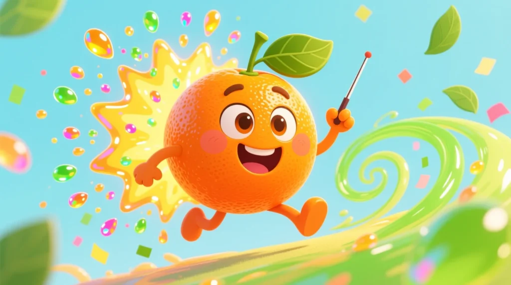 Cute cartoon orange with a big smile, surrounded by juice drops and leaves, conveying quick, playful humor.