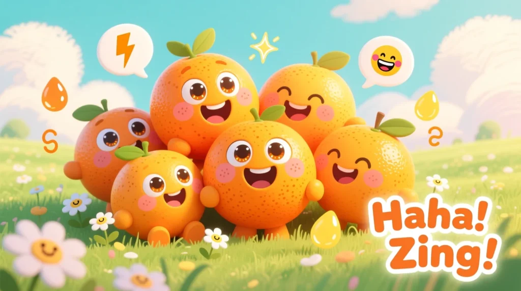 Cute cartoon oranges laughing together with juice drops, flowers, and speech bubbles in a bright, playful scene for kids.