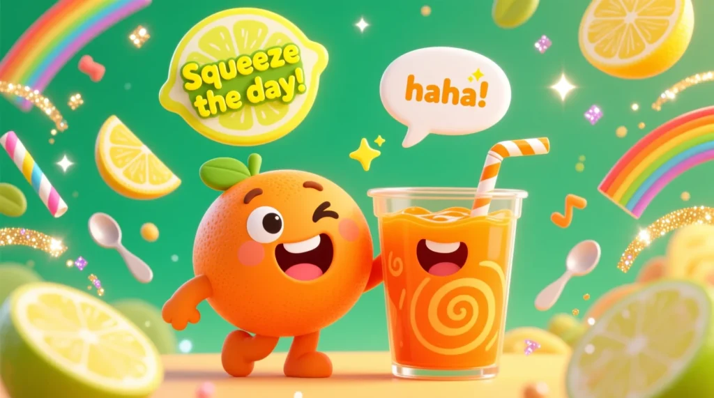 Cartoon orange and orange juice cup laughing together, surrounded by slices, straws, and playful pun symbols.