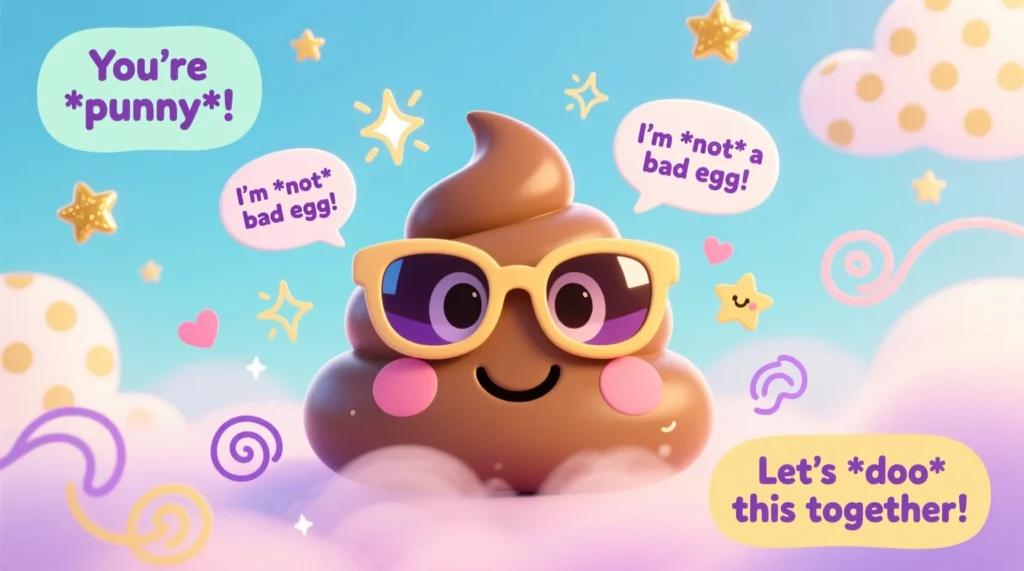 A cute cartoon poop emoji with sunglasses, sparkles, and playful doodles, presented in a bright and family-friendly style.