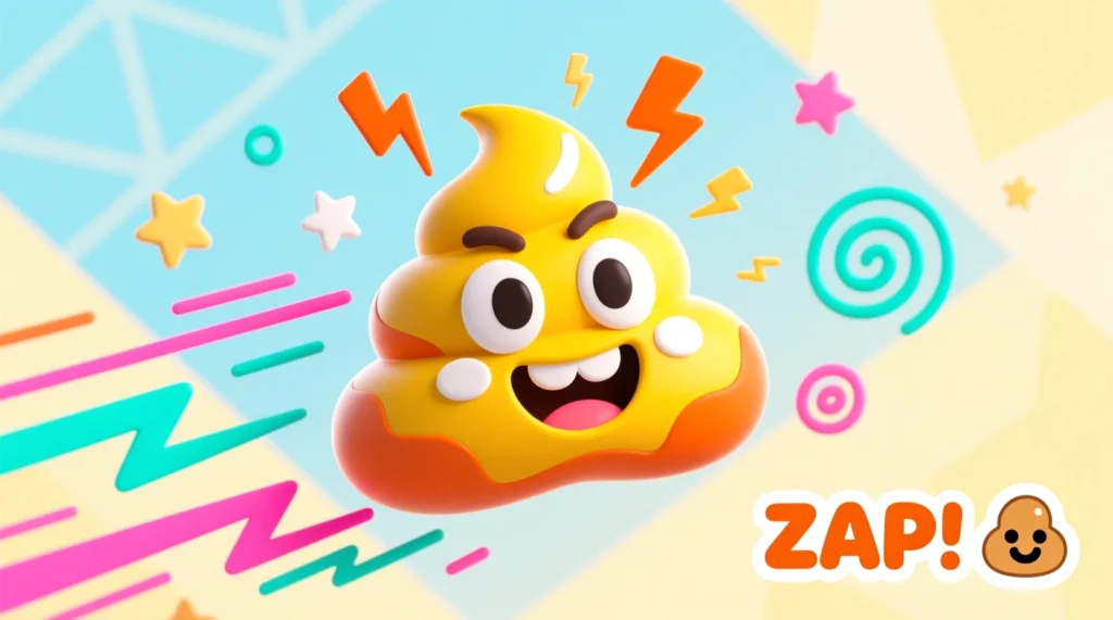 A cheerful cartoon poop emoji surrounded by small lightning bolts and energetic doodles in a bright, fun style.