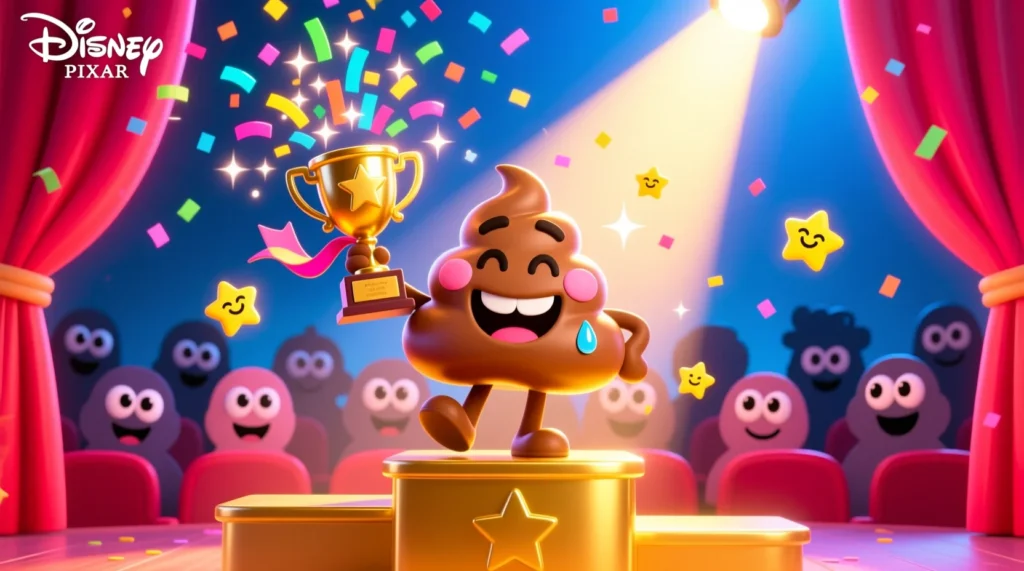A cute cartoon poop emoji holding a small trophy while standing on a golden podium with confetti and a spotlight.