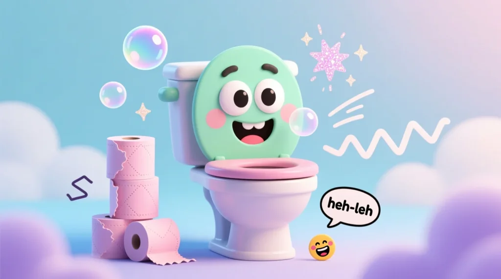 A cartoon toilet with a happy face surrounded by playful doodles of toilet paper, bubbles, and sparkles in a colorful, fun style.