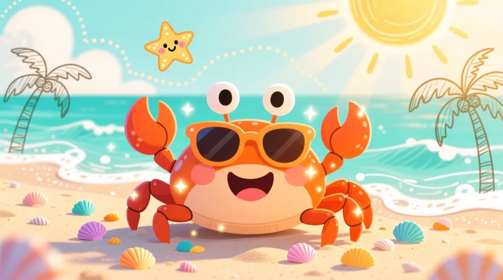 A cute cartoon crab wearing sunglasses on a sunny sandy beach with shells and waves, illustrated in a fun and playful style.