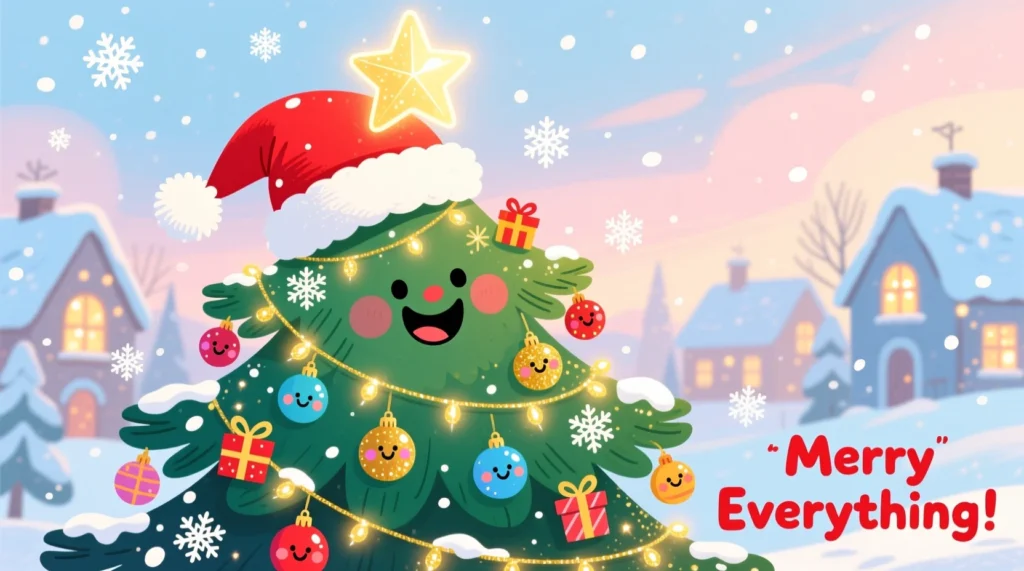 A cute cartoon Christmas tree wearing a Santa hat, decorated with colorful ornaments and lights, surrounded by gifts and snowflakes, in a cheerful, festive style.
