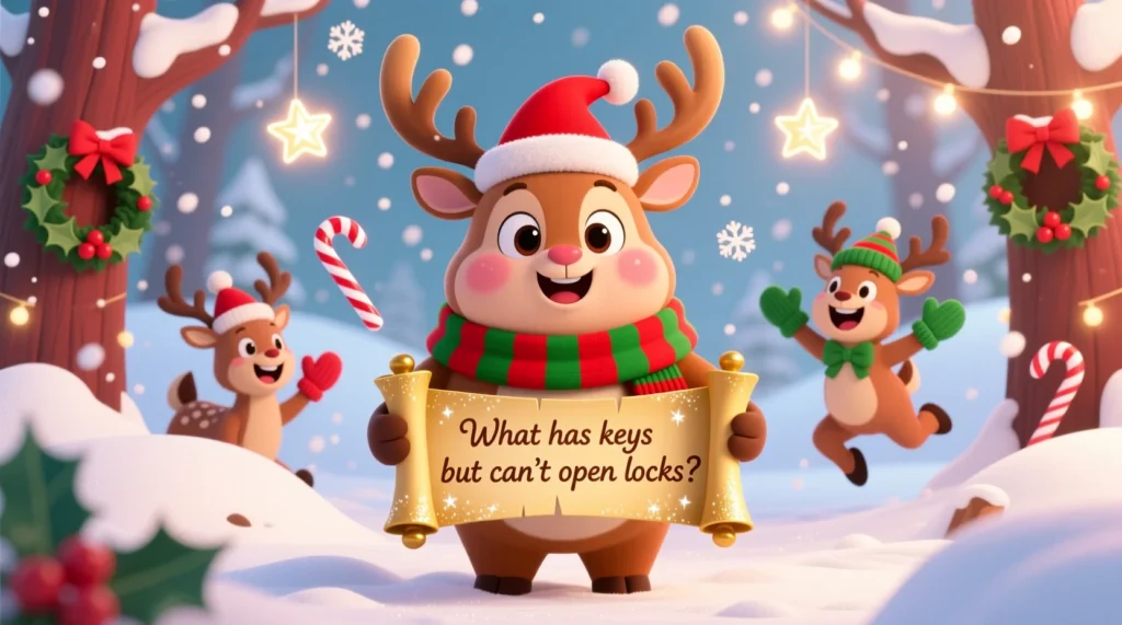 A cute cartoon reindeer wearing a Santa hat and scarf, holding a riddle scroll, surrounded by a snowy festive scene with stars and candy canes.