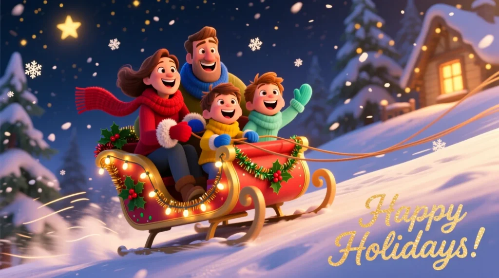 A cartoon family riding a festive sleigh down a snowy hill, laughing, with holiday lights and snowflakes around in a playful style.