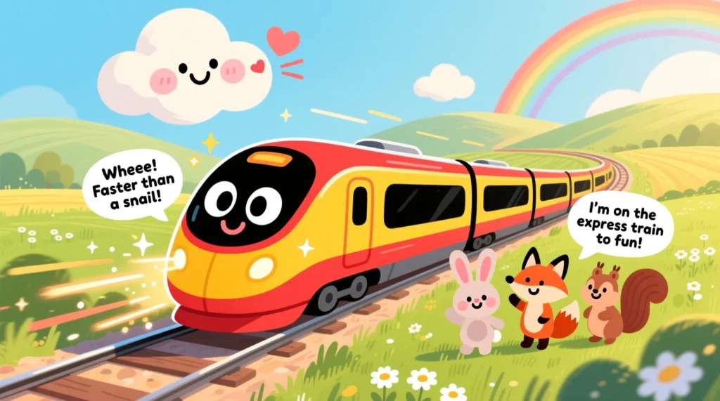 A cheerful cartoon bullet train speeding down the tracks with cute characters and clean train jokes shown in playful speech bubbles.