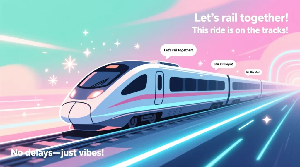 A stylish cartoon bullet train with minimalistic design elements and short train puns displayed in small text bubbles.