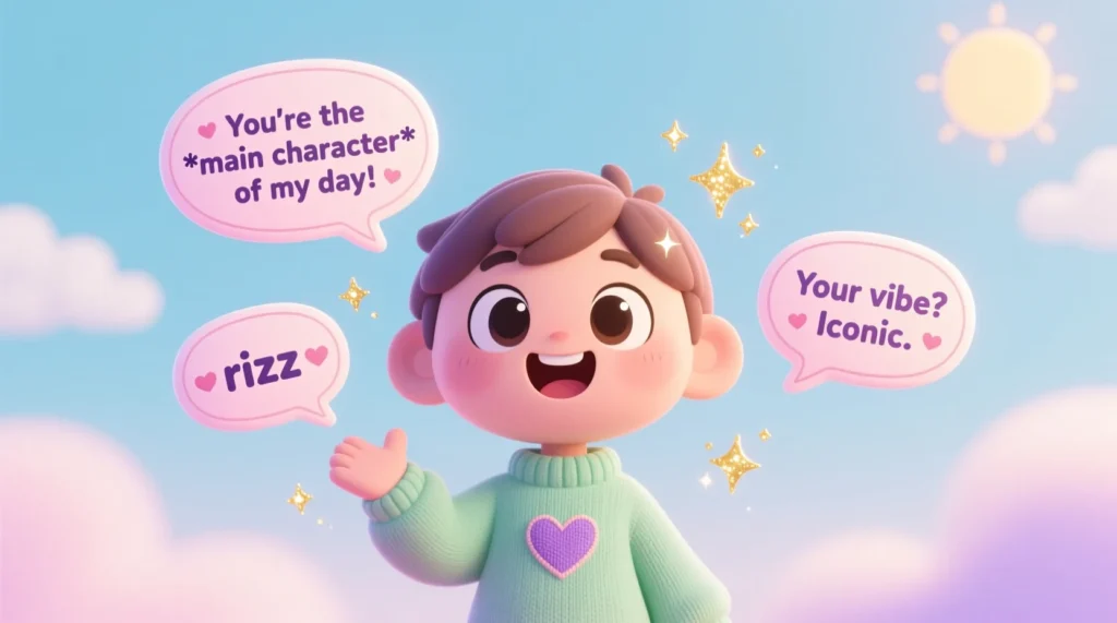 A cheerful cartoon character sharing lighthearted, clean rizz puns in cute speech bubbles with pastel colors and sparkles.