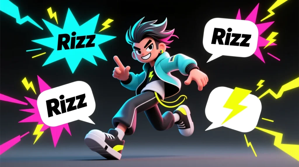 A dynamic cartoon character surrounded by lightning bolts and speech bubbles showing short, clean rizz zingers.