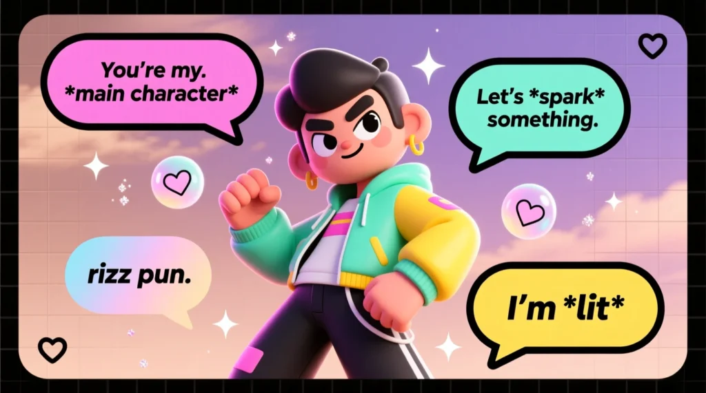 A stylish cartoon character posing with sparkles and floating speech bubbles showing fun rizz puns, set in an Instagram-style aesthetic.