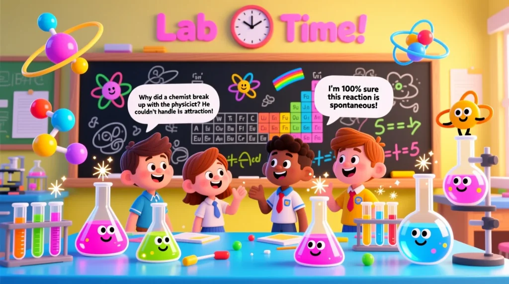 A colorful cartoon chemistry classroom with smiling students, animated lab equipment, and playful, clean chemistry jokes in speech bubbles.