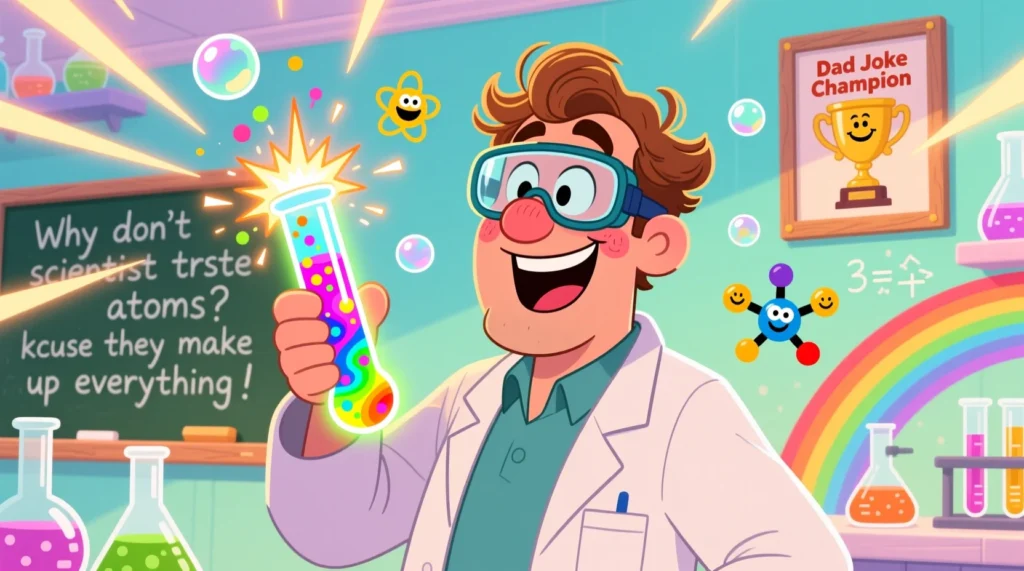 A cartoon dad in a lab coat and goggles holding a fizzing test tube, laughing, with colorful molecules and bubbles around in a playful, cheerful style.
