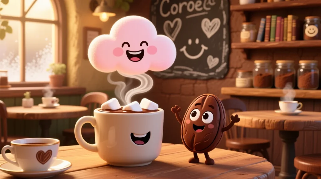 A cute illustration of a smiling hot cocoa mug with marshmallows and cocoa characters sharing playful laughs.