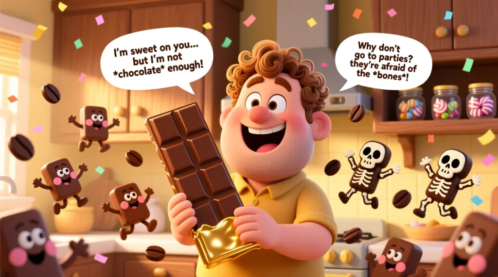 A cartoon dad holding a big chocolate bar while telling a funny joke, surrounded by smiling chocolate characters and cocoa-themed decorations.
