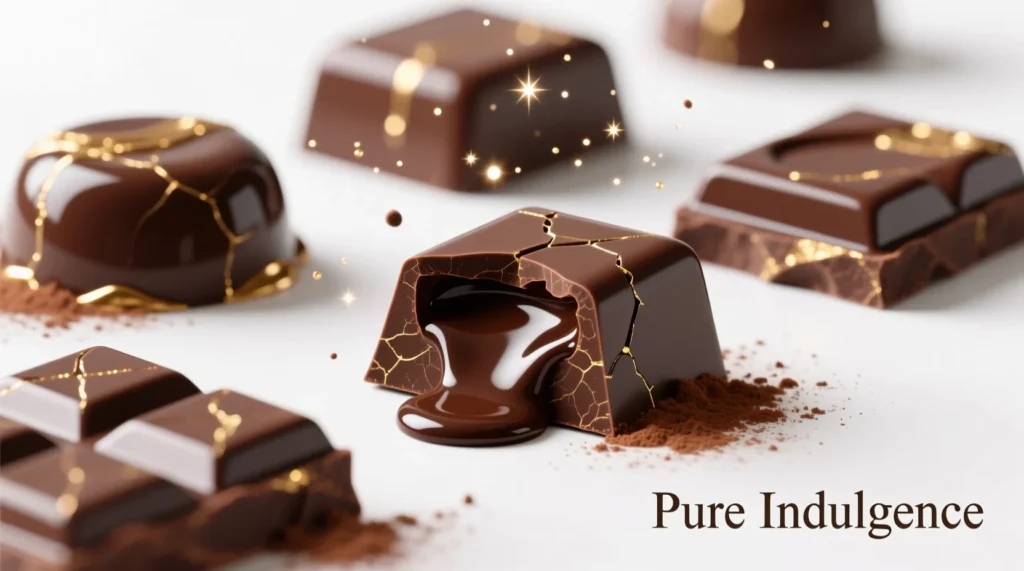 A stylish, close-up illustration of glossy chocolate pieces with melted chocolate drips and soft golden highlights.