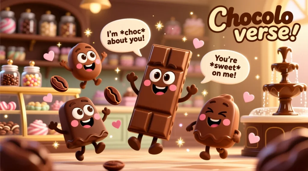 Cute cartoon chocolate characters laughing and sharing funny chocolate puns in colorful speech bubbles.