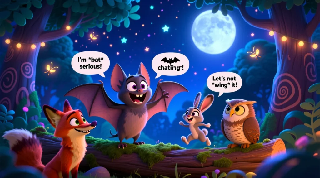 “Cartoon bat chatting with forest animals at night, surrounded by playful speech bubbles with bat-themed jokes.”