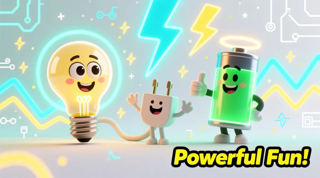 A colorful illustration of smiling light bulbs, plugs, and a glowing battery surrounded by small lightning bolts on a bright, friendly background, representing clean and clever electricity puns.