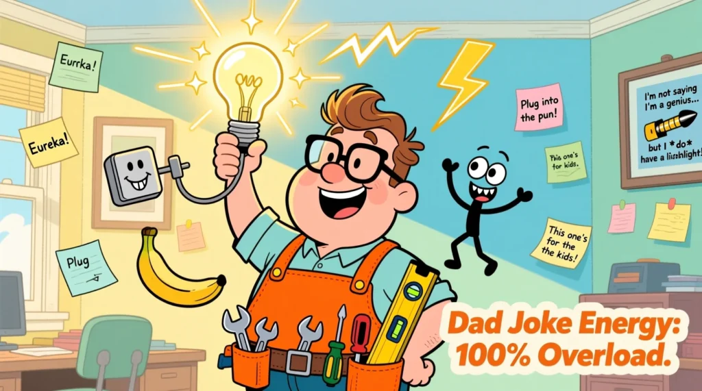 A playful cartoon showing a dad with a tool belt holding a glowing light bulb, surrounded by smiling plugs, outlets, and lightning bolts, representing funny electricity dad jokes.