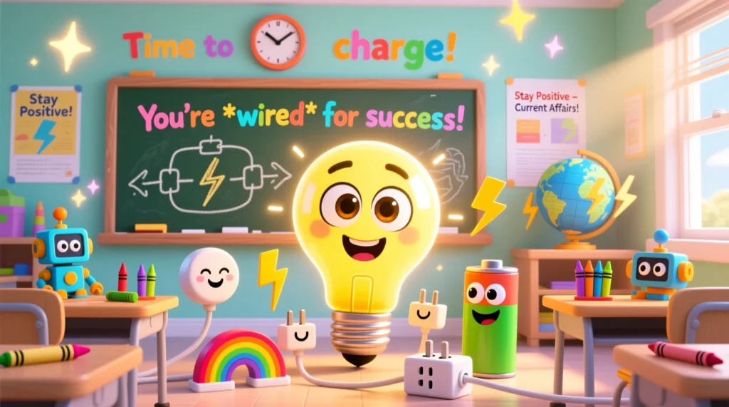 A cute cartoon light bulb and smiling plug and battery characters surrounded by tiny lightning bolts in a bright classroom setting.