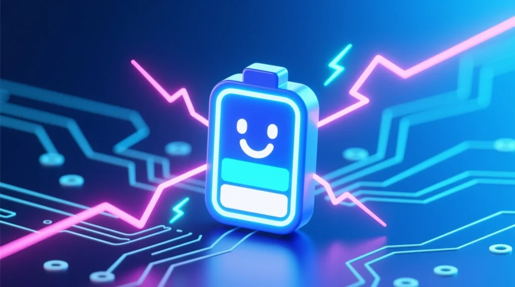 A glowing cartoon battery with a smiling face surrounded by neon lightning bolts and tech-style circuit lines on a bright background.