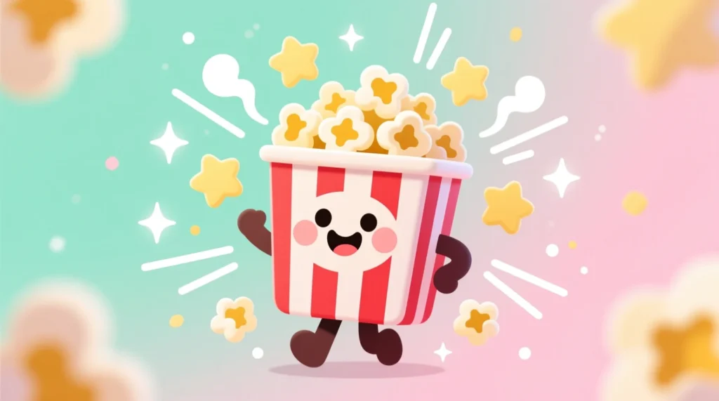 A cheerful cartoon popcorn bucket with red-and-white stripes, surrounded by popping yellow popcorn pieces on a soft pastel background.