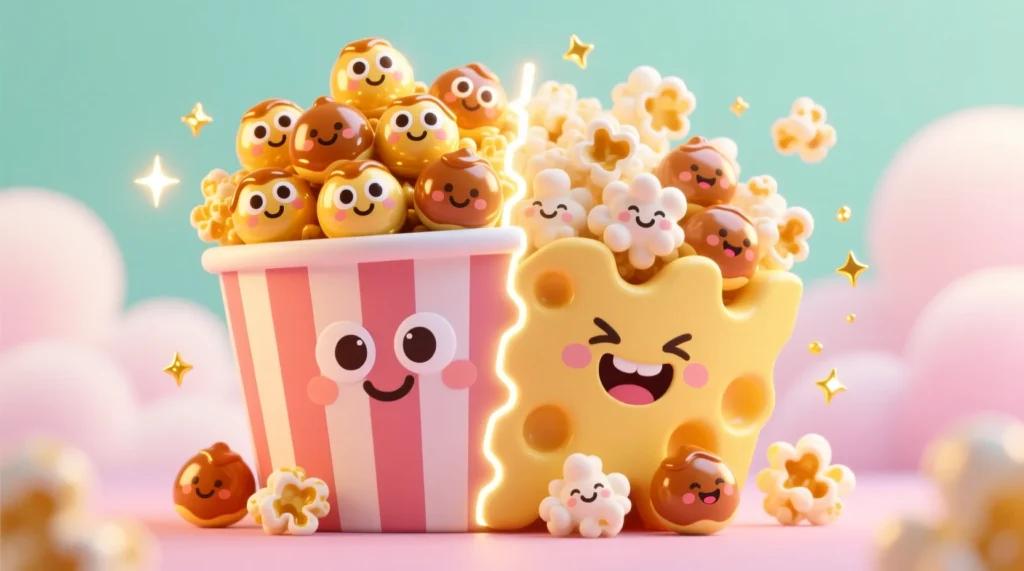 A cute cartoon popcorn bucket showing sweet caramel popcorn on one side and savory cheese popcorn on the other, with smiling kernels and a bright background.