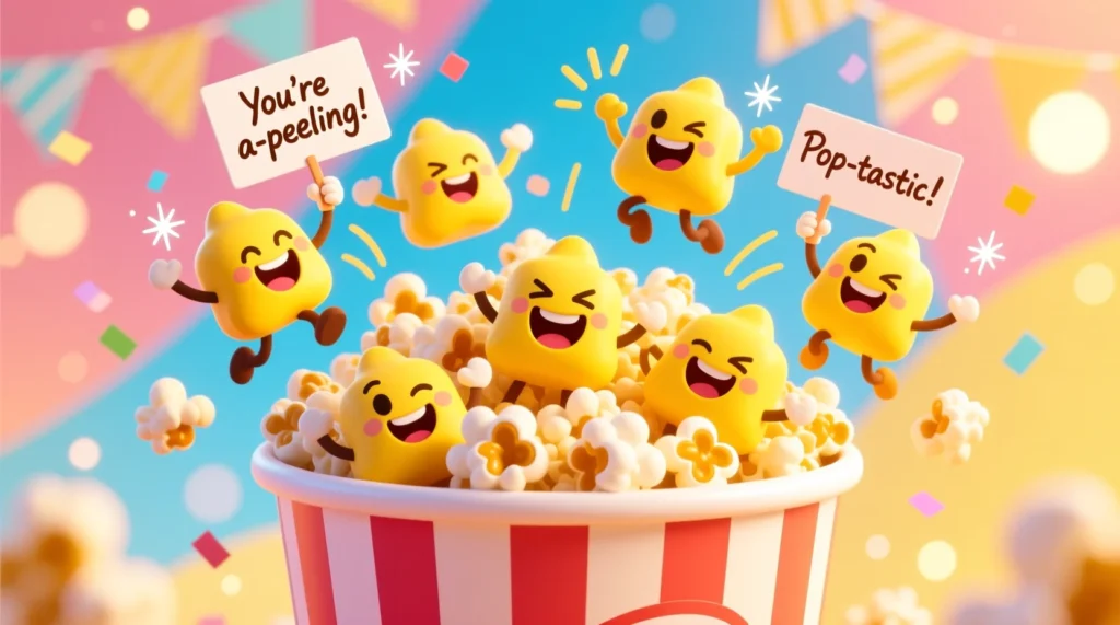 A cartoon popcorn bucket with smiling, jumping popcorn kernels holding tiny joke cards on a colorful, cheerful background.